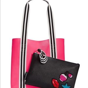 Beach Tote & Cosmetic Bag 2p Set Pink Black NIP